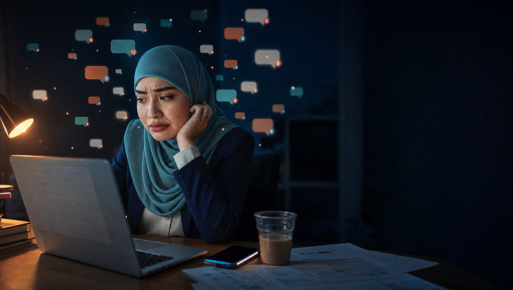 Aisha, a customer service agent in a tudung, looks stressed at her desk with WhatsApp, Instagram and email notifications floating around her.